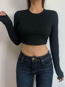 SHEIN BASICS Solid Color Knit Crew Neck Long Sleeve Cropped Slim Fit Women T-Shirt - Black - View 5
