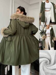 Calvaya 大码连帽保暖内衬冬季服装派克大衣外套带毛领 - 軍綠色 - 查看 1