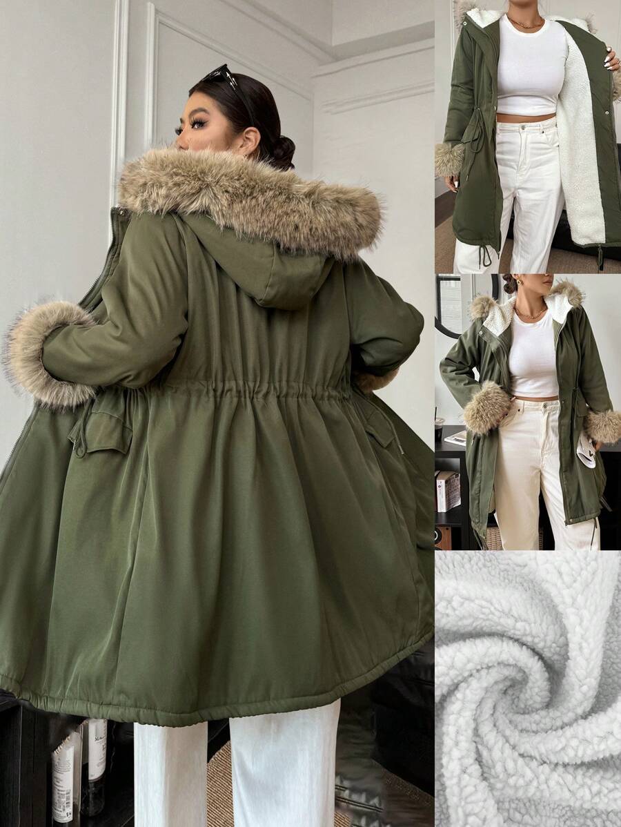 Calvaya 大码连帽保暖内衬冬季服装派克大衣外套带毛领 - 軍綠色 - 查看 1