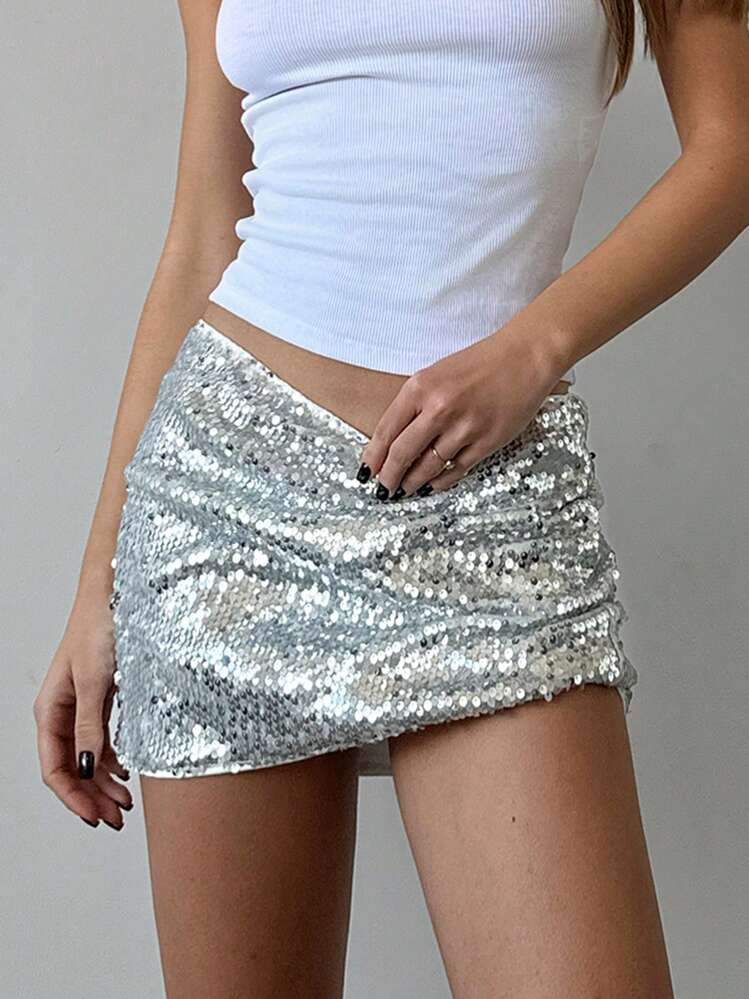 Aloruh ליל כל הקדושים חג המולד לנשים חצאית מיני נצנצים, חצאית סופר למסיבה, למועדונים, חזרה לבית הספר - כסף - ראה 2