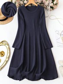 SHEIN LUNE 大码简约圆领长袖毛衣裙，休闲日常穿着，秋冬 - 藏蓝色 - 查看 1