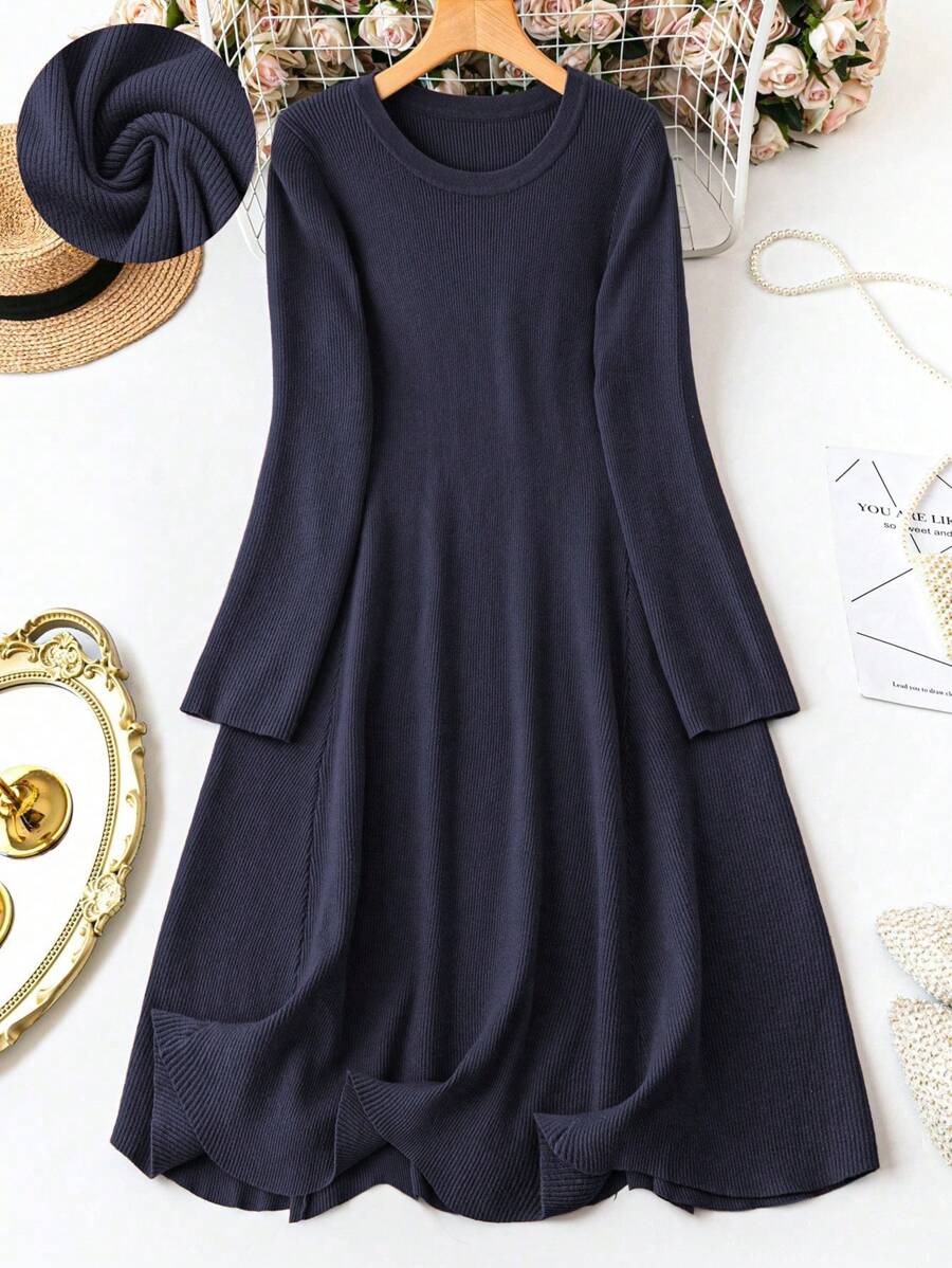 SHEIN LUNE 大码简约圆领长袖毛衣裙，休闲日常穿着，秋冬 - 藏蓝色 - 查看 1