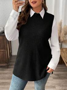 SHEIN LUNE Blusas casuales sencillas de manga larga de patchwork sólido para mujer de talla grande, Blusas de curvas para ropa de invierno
