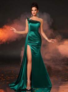 Glamrae Váy dạ hội dài tay lưới màu xanh lá cây và màu da thanh lịch với họa tiết đính đá 3D, váy đuôi cá nhún bèo, phù hợp với mọi dịp trang trọng và trang phục dạ hội trang trọng, váy dạ hội, cho khách dự tiệc cưới, tốt nghiệp, tiệc tối - màu xanh lá - Xem 7