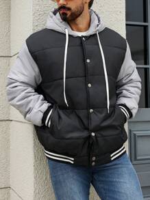 Manfinity Homme Plus Size Men Contrast Color Block Drawstring Hooded Fleece Jacket