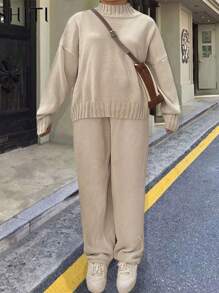 Calvaya Plus Size Casual Solid Color Sweater & Pants Set, Autumn/Winter