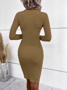 SHEIN Clasi Solid Color Crew Neck Button-Up Fitted Elegant Long Sleeve Sweater Dress - Camel - View 2