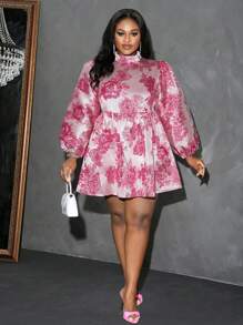 Slaydiva Plus Size Women Elegant Fashion Jacquard Silhouette Contrast Color Puff Sleeve High Neck A-Line Loose Smock Dress