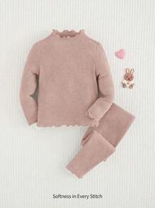 Cozy Pixies Baby Girl 2pcs Set Solid Color Knit Soft Round Neck Ruffle Trim Long Sleeve Top And Elastic Waist Casual Pants