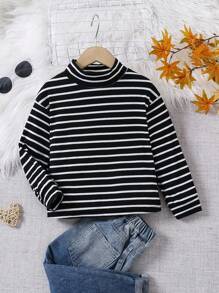 SHEIN Young Girl Striped Stand Collar Loose Casual T-Shirt