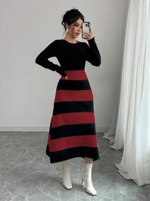 Elenzga Women's Color Block Simple Striped Sweater Dress Fall Cloth For Women