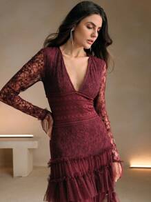 Anewsta Women's Black V-Neck Lace Long Cocktail Dress For Party Events Burgundy Maxi Women Outfit