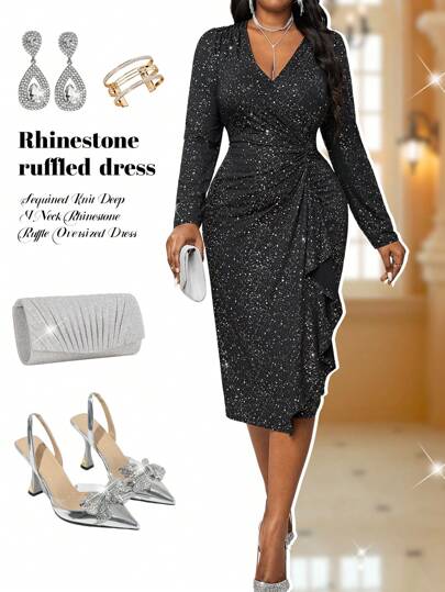 SHEIN Lady Autumn And Winter Elegant Vintage Work Wedding Cocktail Party Christmas Sparkly Sequins Knitted Depp V Neck Rhinestone Flounce New Product Bodycon Dress Plus Size Dresses Formal Dress Prom Dress Women Party Women Gold Dress Beige Women Dresses Holiday Dress Formal Dress