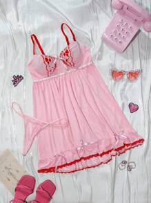 2pcs/Set Pink Mesh Lace Sexy Nightgown With Underwire - Nightgown + G-String - Pink - View 5