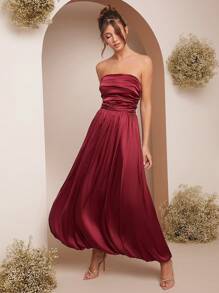 L'Amorae Robe bandeau élégante plissée de couleur unie pour femme, modèle d'été - Rouge - Voir 6