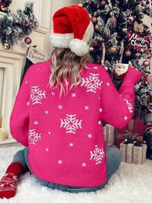 SHEIN LUNE 女士休闲驯鹿和雪花印花长袖毛衣 - 玫紅色 - 查看 2