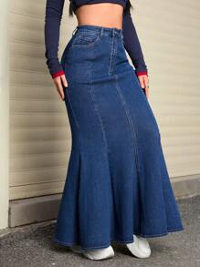 SHEIN EZwear Women Casual Fashionable All-Match Denim Skirt With Fishtail Hem, Autumn