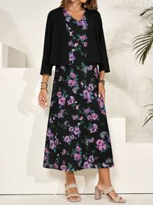 EMERY ROSE 教师服装春季碎花连衣裙两件套女士 - 黑色 - 查看 3