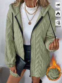 SHEIN LUNE Áo khoác hoodie lót lông màu trơn đơn giản cho nữ, ấm áp & thoải mái, mùa thu/đông - Màu xanh Bạc hà - Xem 1