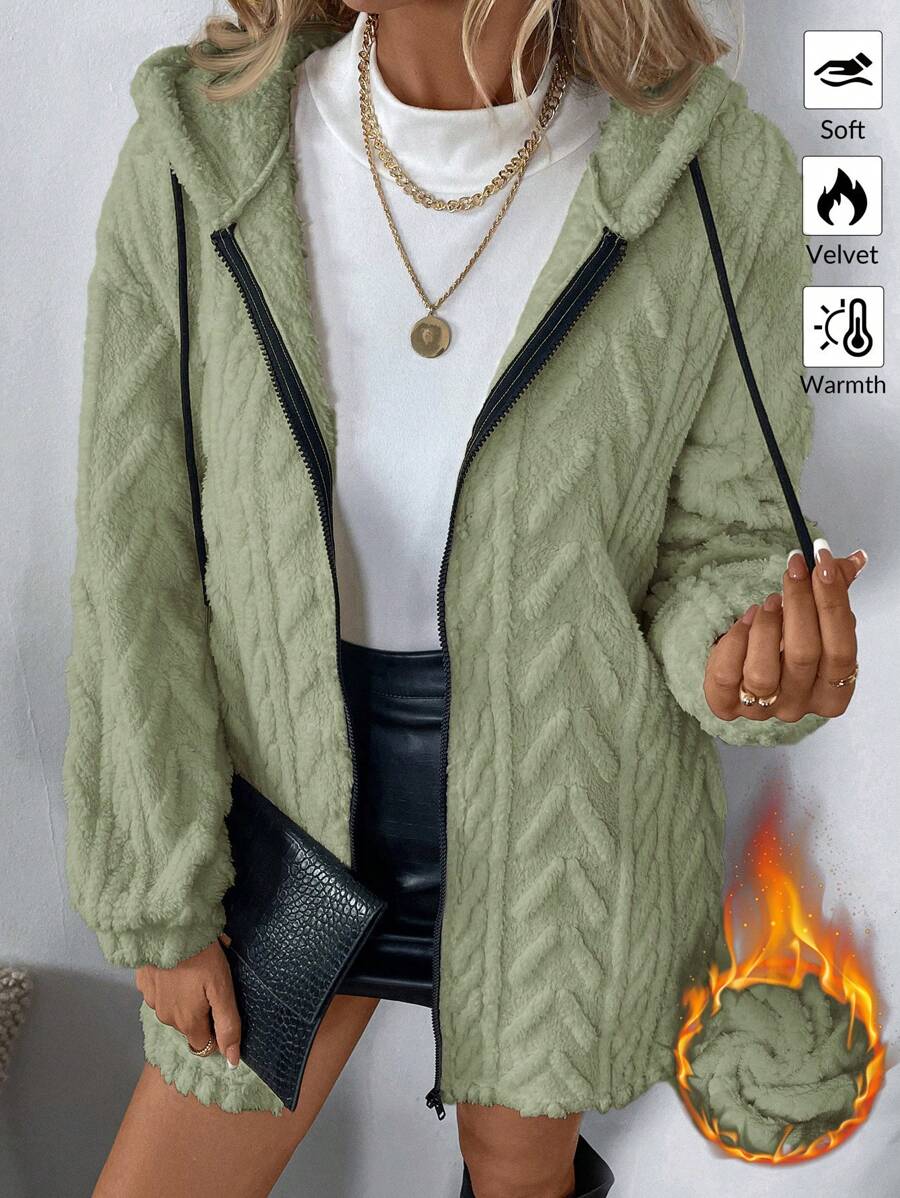 SHEIN LUNE Áo khoác hoodie lót lông màu trơn đơn giản cho nữ, ấm áp & thoải mái, mùa thu/đông - Màu xanh Bạc hà - Xem 1
