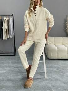 SHEIN LUNE Women 2pcs Set Solid Color Front Button Long Sleeve Casual Top And Pants