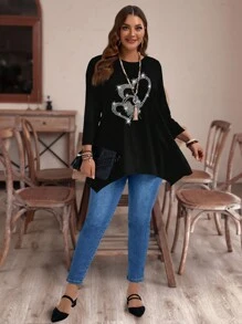 EMERY ROSE Casual Minimalist Allover Heart Print Loose Fit Long Sleeve T-Shirt, Plus Size