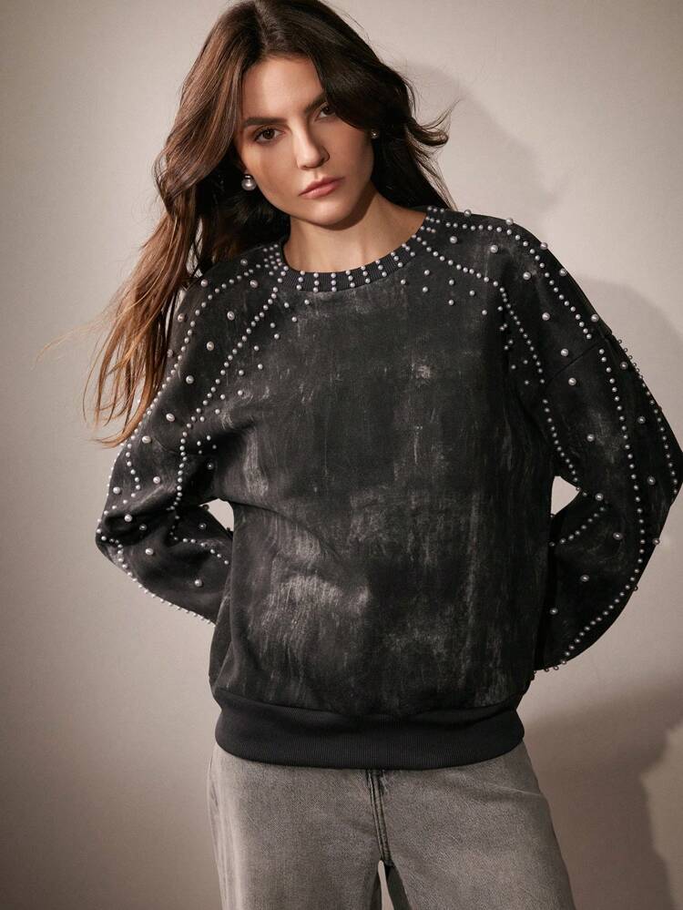 Women's Modern Faux Pearl Studded Crew Neck Pullover Sweatshirt,Graduation,Teacher,Back To School Fall
