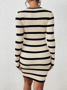 Chiquease Abito maglione a maniche lunghe con vita svasata, a righe a contrasto di colore, per l'autunno/inverno, per le donne - Albicocca - Visualizzare 2