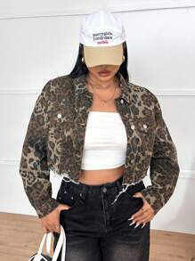 SHEIN ICON Plus Size Women Leopard Print Long Sleeve Single Breasted Cropped Denim Jacket, Autumn - Multicolor - View 1