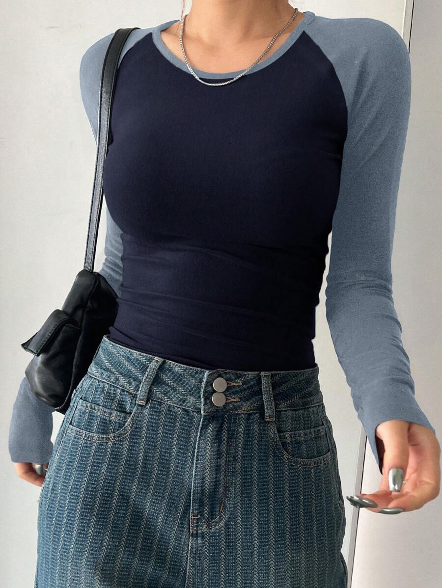 DAZY Áo thun tay dài màu trơn đơn giản dành cho nữ, mùa thu - Màu xanh bụi bặm - Xem 1