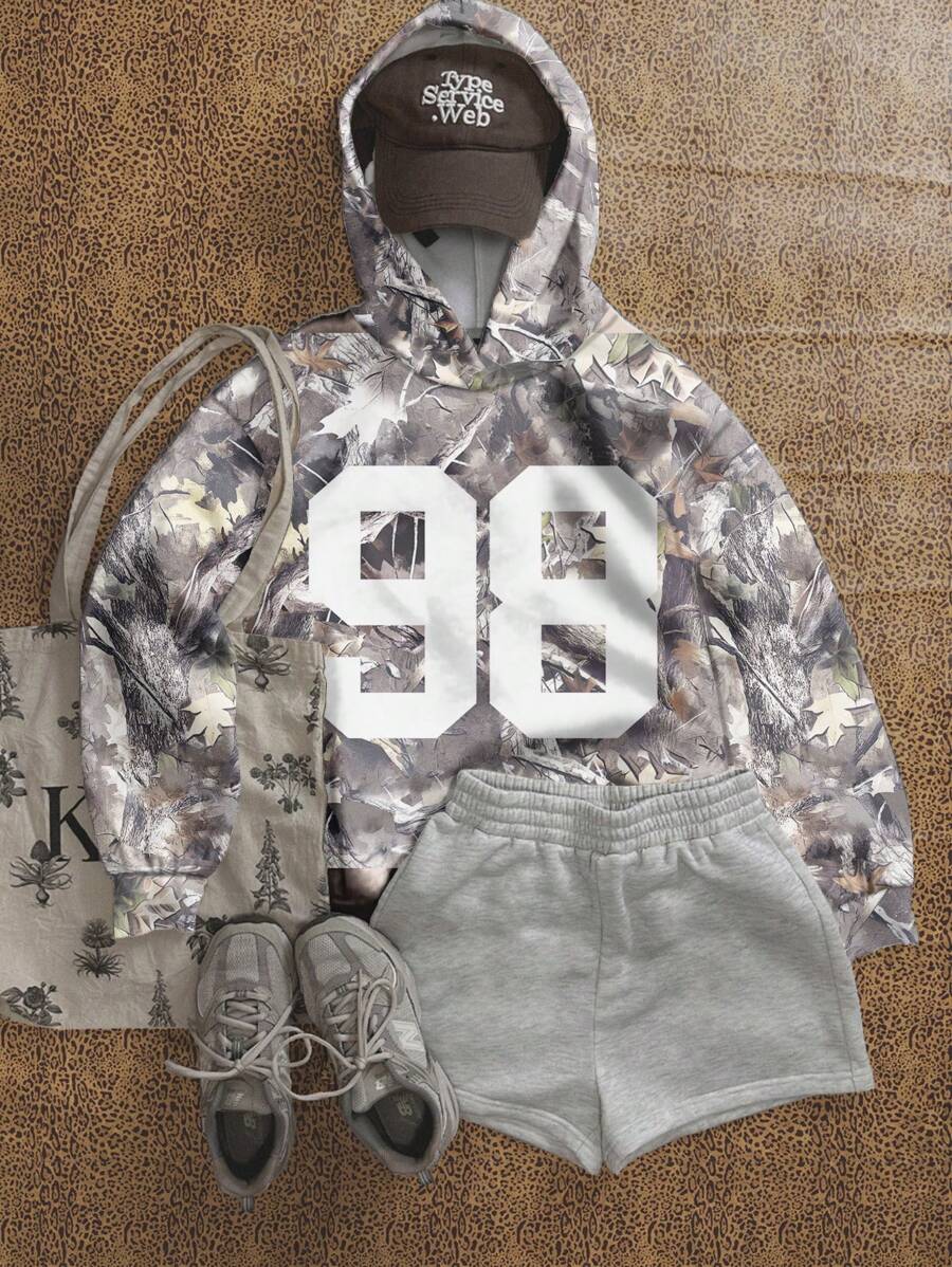 SHEIN EZwear 休闲街头树全印花连帽运动衫套头衫，秋冬 - 彩色 - 查看 1