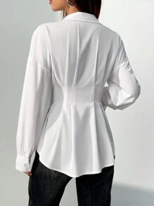 Chiquease 1 chiếc áo sơ mi nữ tay dài màu trắng, thắt eo, viền bất đối xứng, thường ngày, tay dài - trắng - Xem 2