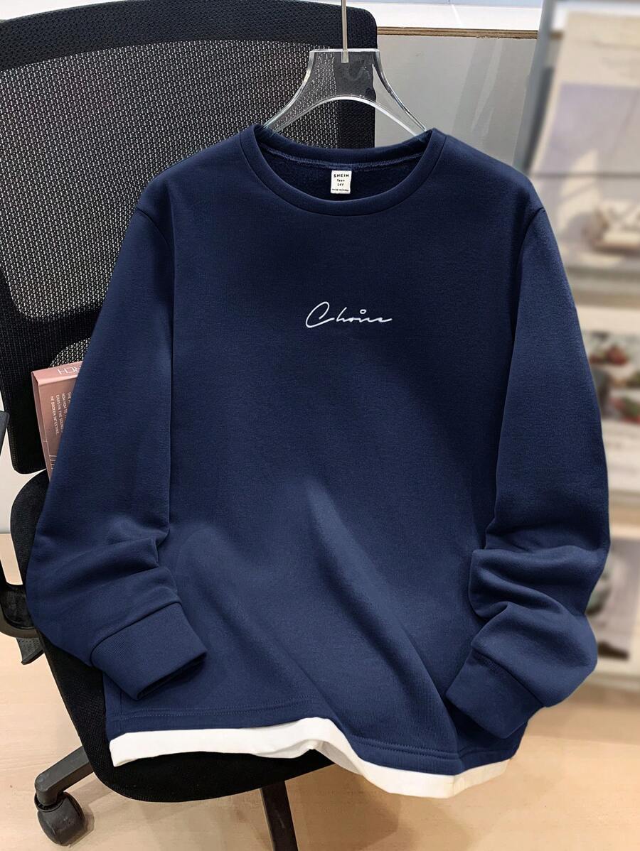 SHEIN Teen Boys' Navy Autumn Collegiate Style Letter Print Knit Pullover Sweatshirt,Casual Versatile All-Match Clothes For School,Travel,Beach & Outings - Navy Blue - View 1
