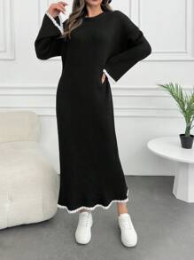EURMUSE Plus Size Women Knitwear Stitch Detail Oversize Fit Dress - Black - View 4