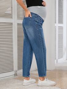 SHEIN Maternity Simple Patchwork Pocket & Distressed Design Casual Jeans - Dark Wash - View 2