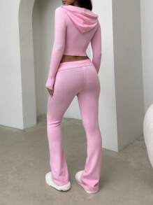 2pcs Solid Color Zip-Up Knit Hoodie Jacket & Elastic Waist Pants Casual Tracksuit Set Pink - Pink - View 3