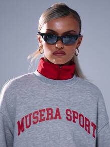 Musera Sport Letter Graphic High Neck Sport Sweatshirt ,Padel, Tennis, Pickleball Casual - Light Grey - View 5