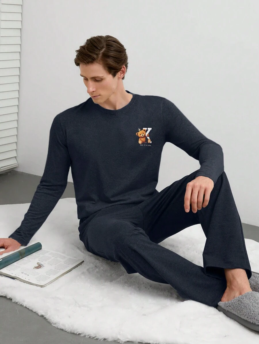 SHEIN Cottnline Cotton Men Bear Printed Button Neck Regular Long-Sleeve Homewear Set - Navy Blue - View 1