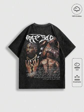 Maglietta girocollo a maniche corte con stampa di slogan e ritratto in stile punk