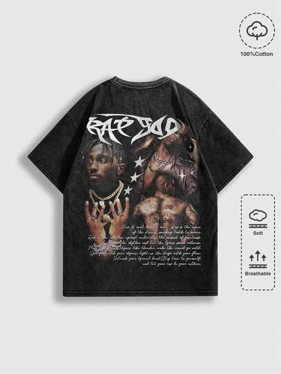 T-shirt à col rond à manches courtes avec imprimé de slogan et de portrait style punk