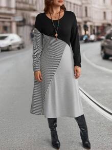 EMERY ROSE Plus Size Solid Color Patchwork Round Neck Long Sleeve Casual Dress Winter Dress