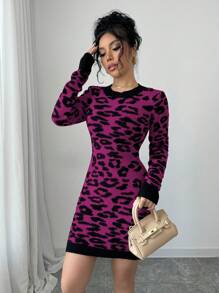 Elenzga Women's Casual Chic Leopard Print Backless Bodycon Dress, Autumn & Winter Fall Cloth For Women - Purple - View 6