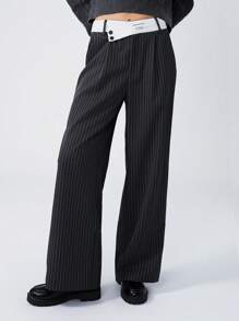 LYSMO Patchwork Waistband Striped Print Pocket Elegant Office Pants - Dark Grey - View 1