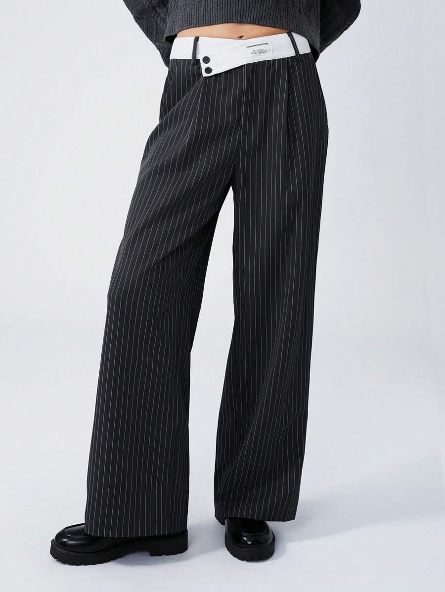 LYSMO Patchwork Waistband Striped Print Pocket Elegant Office Pants - Dark Grey - View 1
