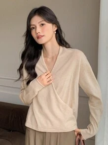 DAZY كنزة صوفية صوفية أنيقة وأنيقة بياقة على شكل V وأكمام طويلة، لون أحادي، تفاف متقاطع، للموسم الخريفي