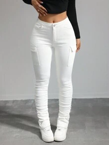 SHEIN Tall Women's Jeans White Skinny Stretch Work Pocket Pants Denim Jeans Pants Stacked Women Jeans Tall Women Pants Y2k Jeans Women Tights Cargo Pants Stacked Women Jeans Tall Women Pants