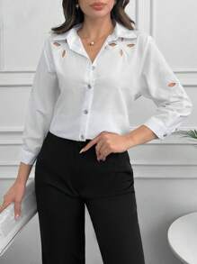RueChic Women's Long Sleeve Hollow-Out Floral Embroidery Shirt - White - View 4