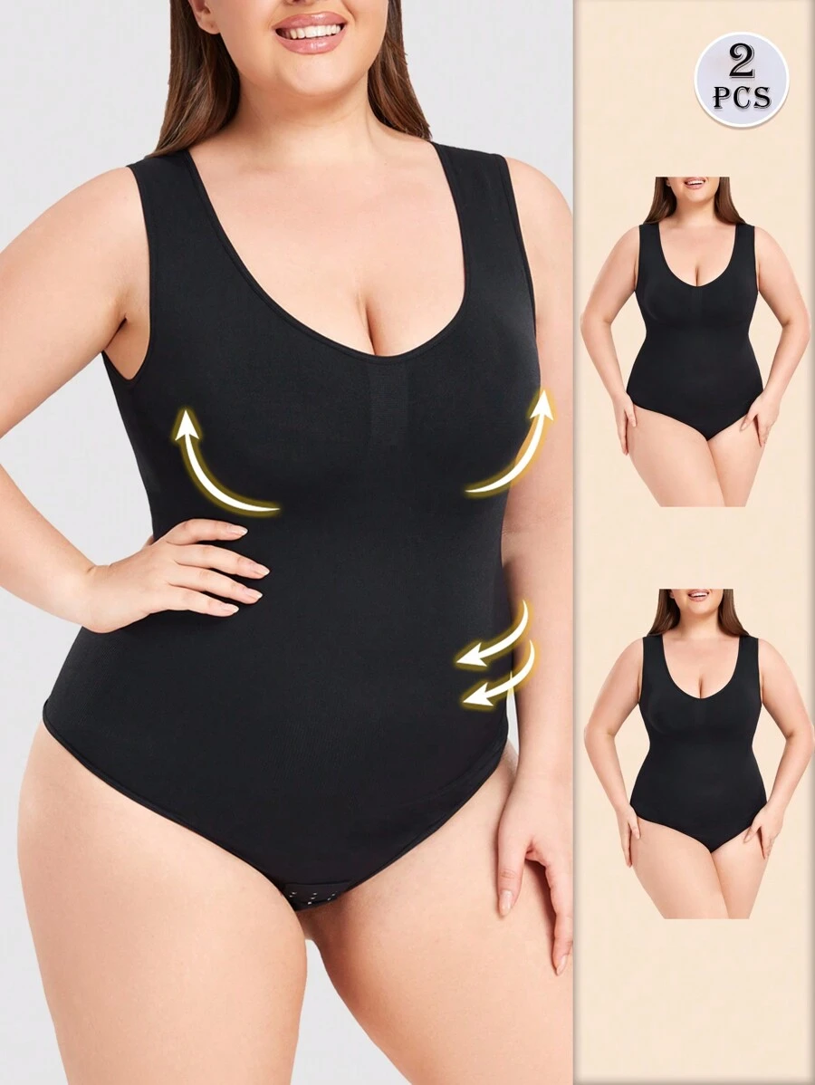 2pcs Plus Size Women Seamless Bodysuit With Triangle Panty, Adjustable Strap Body Shaper - Black - View 1