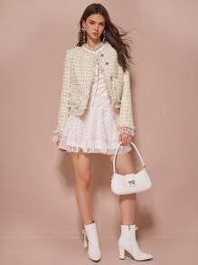 Enchnt Autumn/Winter Romantic Women's Apricot Metal Buttons Decor Patchwork Fringe Long Sleeve Plaid Fancy Yarn Tweed Jacket,Fall Women Clothes - White - View 3