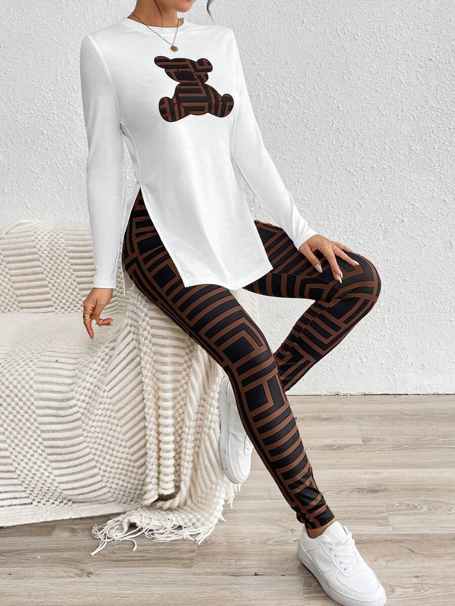 SHEIN Essnce Women Casual 2pcs Women's Casual Bear Print Side Slit Long Sleeve Top & Geometric Print Leggings Set Fall Sets , Fall Women Clothes - Brown - View 1